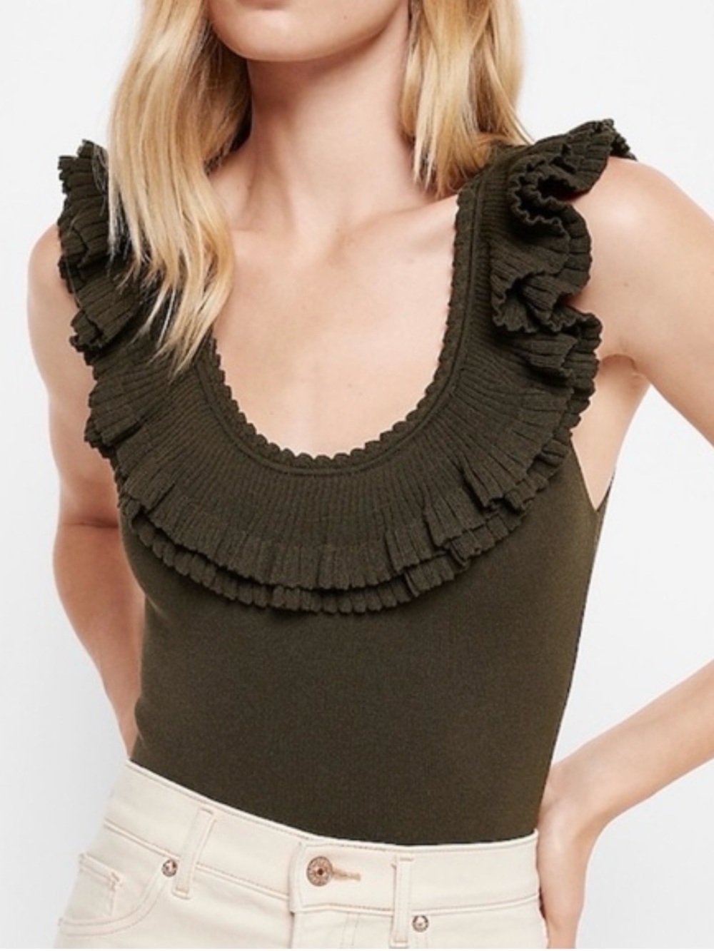 Express Olive Ruffle Scoop Tank